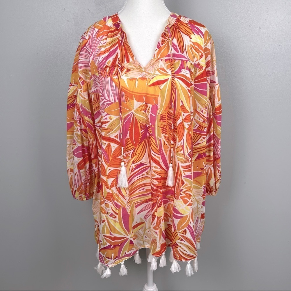 C & C California balloon sleeve tassel fringe oversized tunic swim cover, small.
